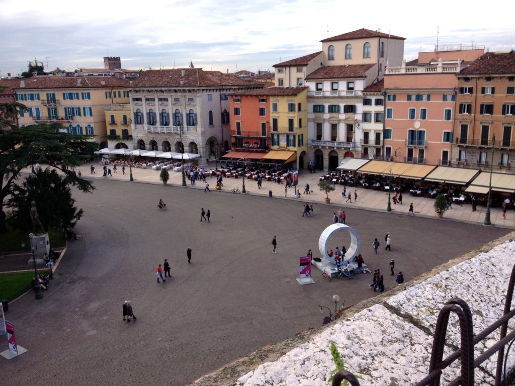 Venice to Verona by train. View of Piazza Bra from the Arena. Copyright©2015 mapandfamily.com