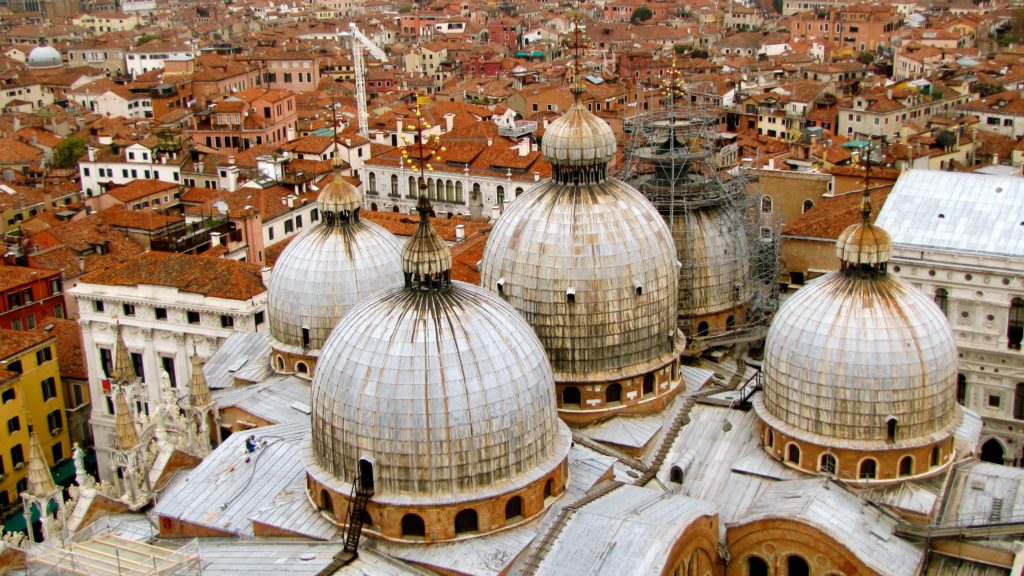Venice with teens: Four domes of Basilica San Marco from Campanile. Copyright©2015 reserved to photographer. Contact mapandfamily.com 
