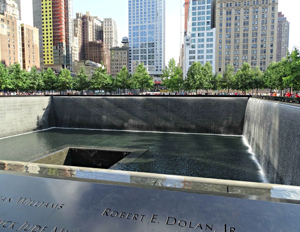 NYC with teens: memorial pool. Copyright©2015 reserved Nancy Roberts. Contact mapandfamily.com