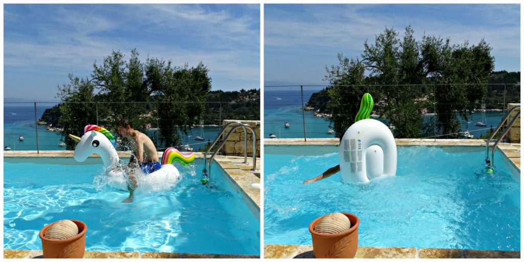 Paxos villa holiday, inflatable unicorn in the pool. Copyright © 2017 mapandfamily.com 