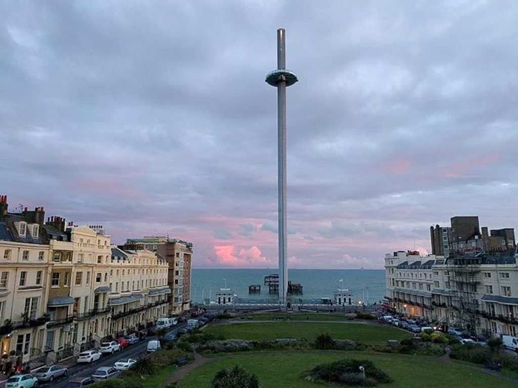 The view from Artists Residence Brighton including the British Airways i360, the old West Pier and the sea. copyright @2018 reserved to photographer via mapandfamily.com