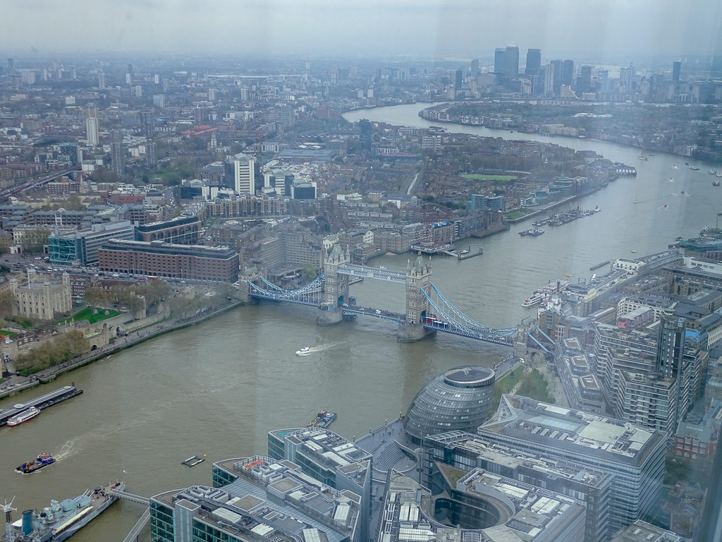 London from above: a view of Tower Bridge from The Shard on a dull April day. Copyright ©2018 mapandfamily.com 