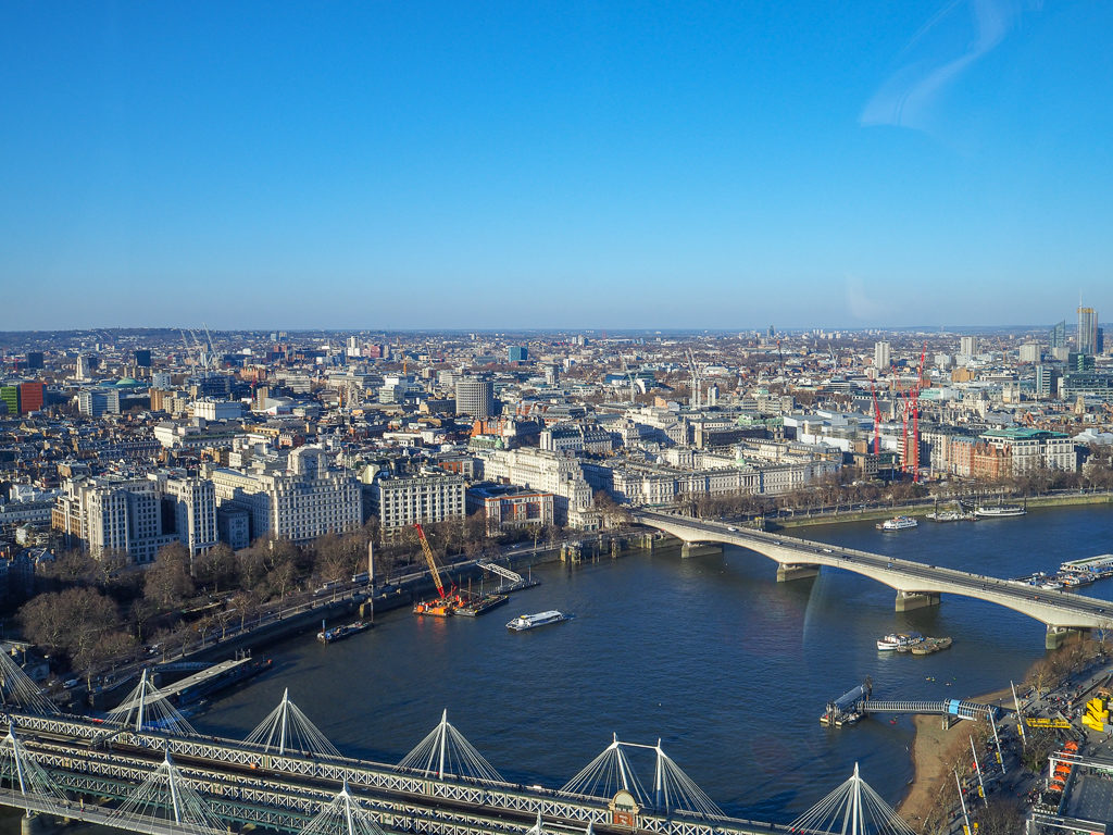 Best views of London: a river view on a sunny winter day from the London Eye. Copyright ©2018 mapandfamily.com 