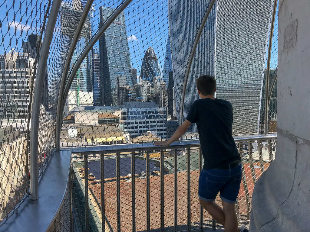Panoramic views of London. View of skyscrapers from the platform of The Monument. Copyright ©2018 mapandfamily.com 
