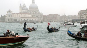 gondolas on misty day in Venice