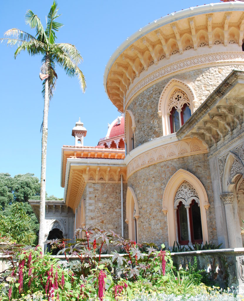 A tall palm tree beside the ornate Moghul-style Monserrate palace in Sintra near Lisbon. Copyright reserved to photographer@2025 MapandFamily.com 