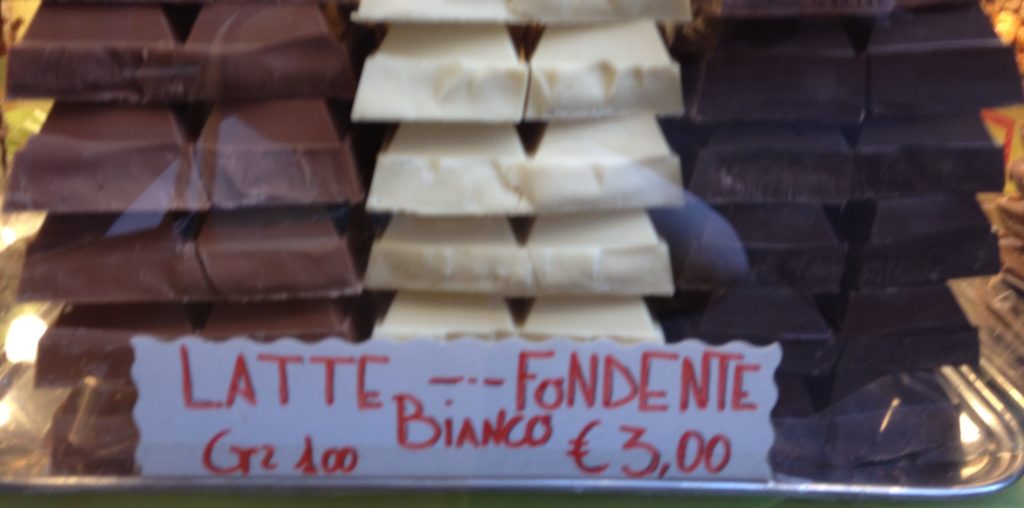 Venice with teens: slabs of chocolate in a shop window. Copyright©2015 reserved to photographer. Contact mapandfamily.com