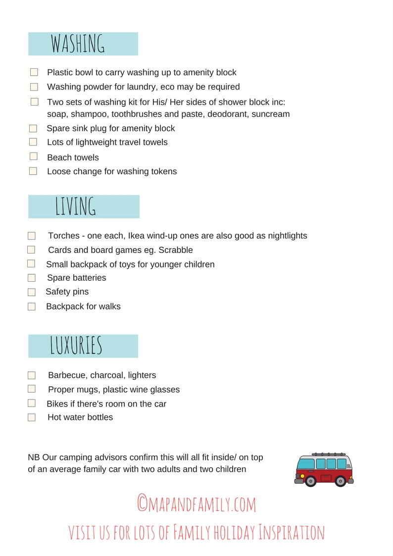 The ultimate camping list for a family trip - free printable - Map & Family