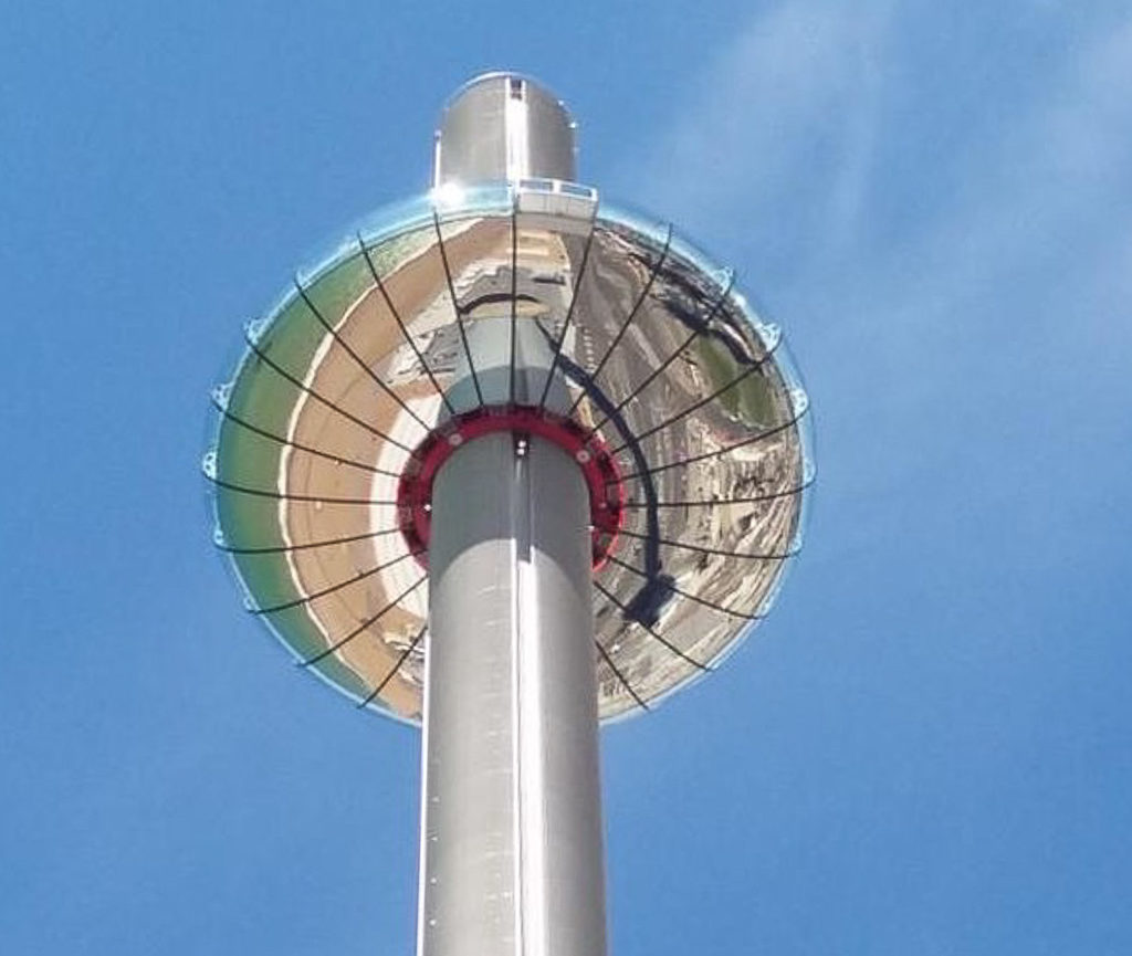 Things to do in Brighton with teens: looking up to the viewing platform of the British Airways i360 Brighton. copyright @2018 reserved to photographer via mapandfamily.com