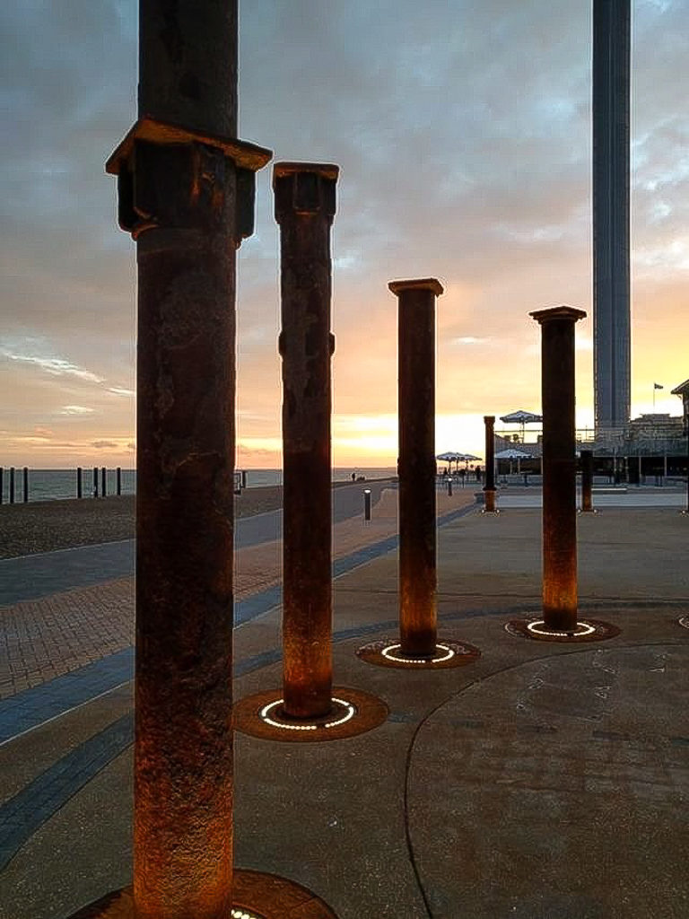 Things to do in Brighton. Pillars from the old Brighton Pier still standing on the seafront copyright @2018 reserved to photographer via mapandfamily.com