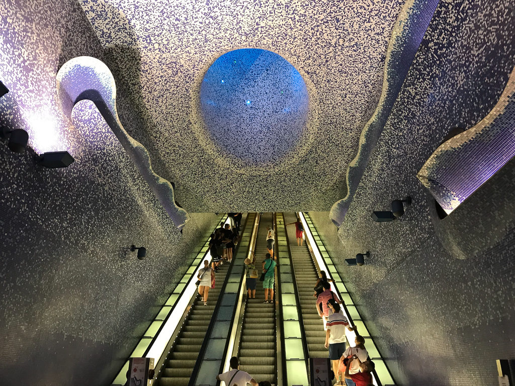 Curved ceiling with undersea theme above escalators at Toledo metro, Naples. 