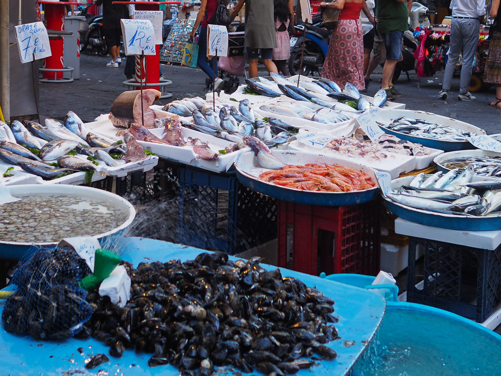 Fish and seafood on street stalls in Naples. 