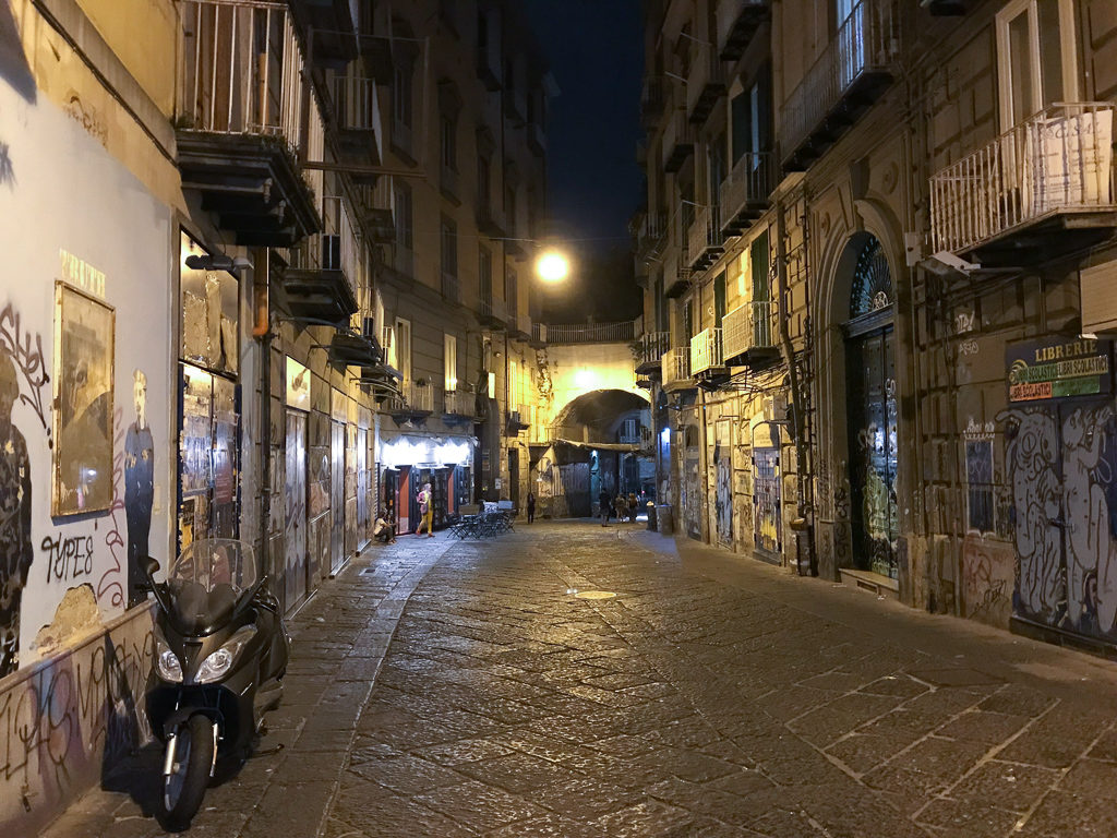 Empty street at night in Naples. 