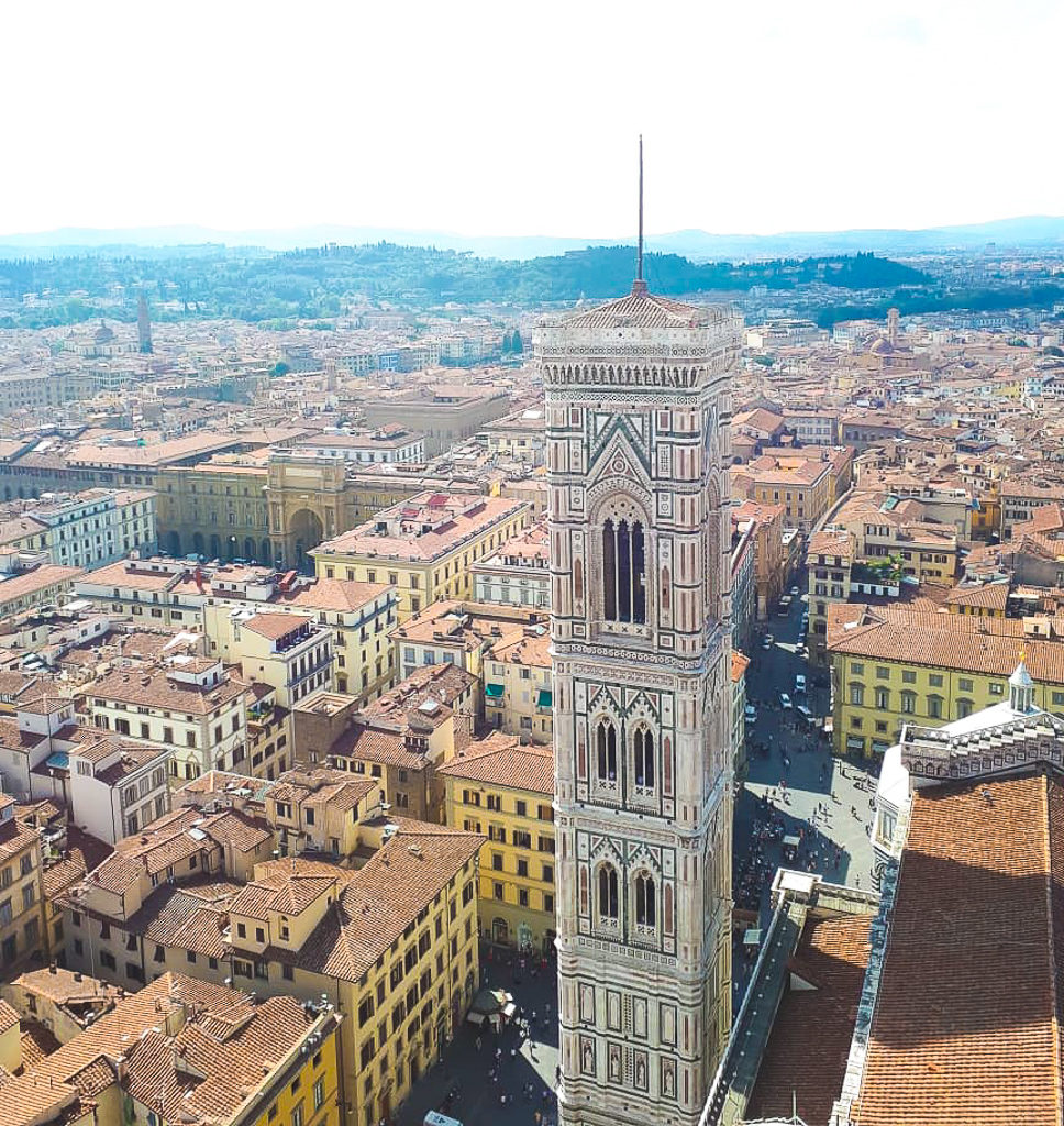 Tickets for Duomo, Florence are needed to access the tower and dome. View of Giotto's tower from the dome of the Duomo, Florence. Copyright©2018 mapandfamily.com 