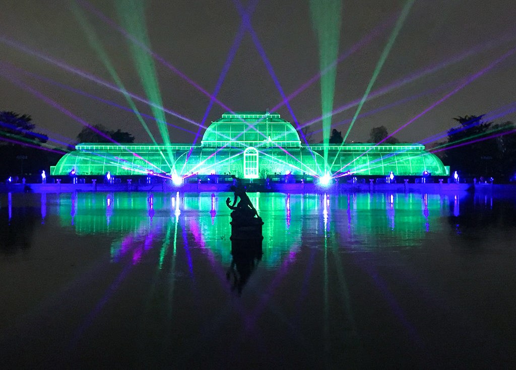 Green and blue light display on Palm House at Kew. Copyright ©2018 mapandfamily.com 