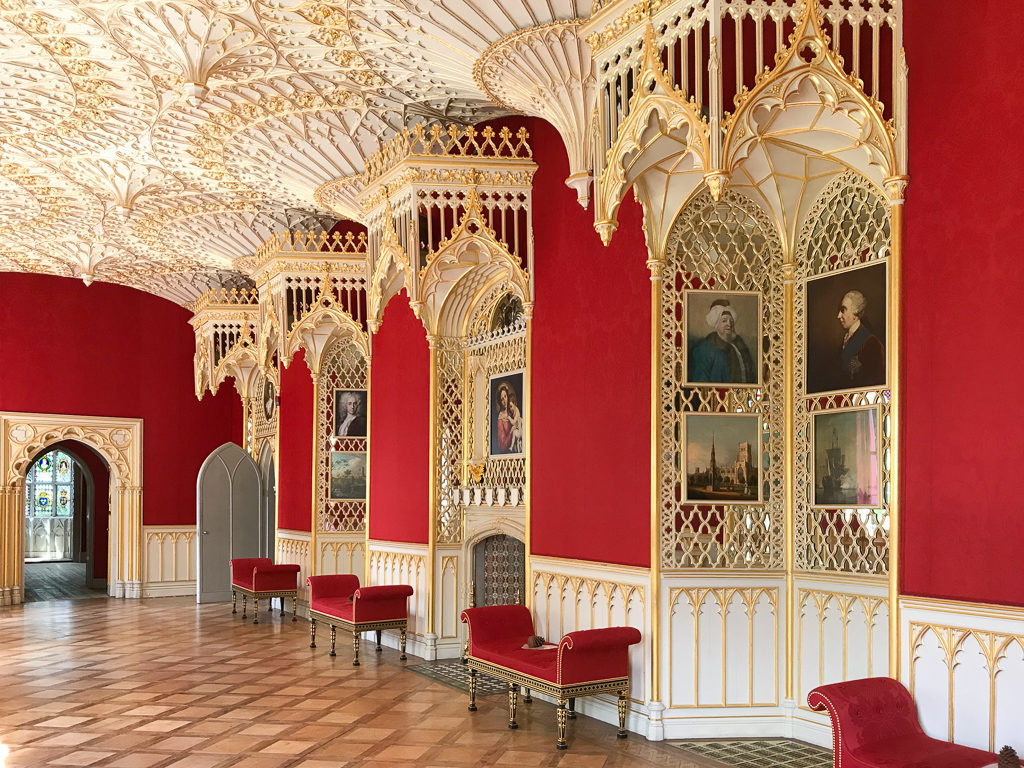 Gilt and crimson decorated gallery in Strawberry Hill House. Copyright ©2018 mapandfamily.com 