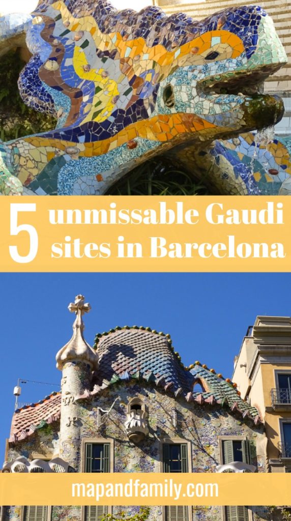 Image for Pinterest showing mosaic statue of lizard and exterior of Casa Batllo with overlay text 5 unmissable Gaudi sites in Barcelona. Copyright©2019 mapandfamily.com 