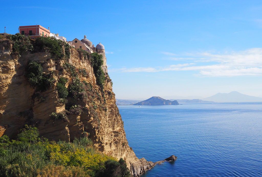 Terra Murata on Procida, Italy. View of headland to bay of Naples. Copyright©2019 mapandfamily.com 