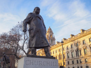 Statue of Winston Churchill in Parliament Square. Copyright ©2019 mapandfamily.com 