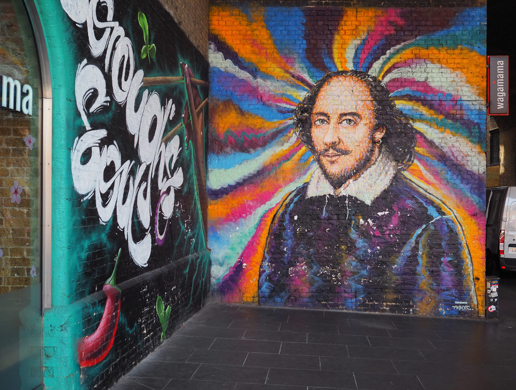 Street art image of Shakespeare on Bankside. Copyright ©2019 mapandfamily.com 