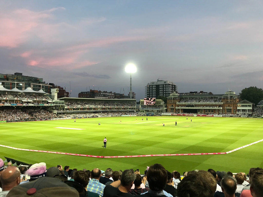 T20 cricket as the sun sets at Lord's cricket ground, London. Copyright ©2019 mapandfamily.com
