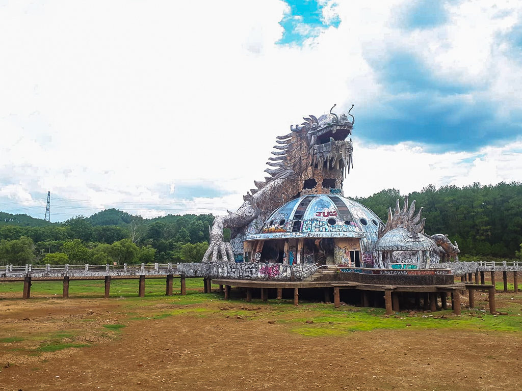 Hue to Hoi An. A large and elaborate dragon figure at abandoned water park. Copyright ©2019 mapandfamily.com 