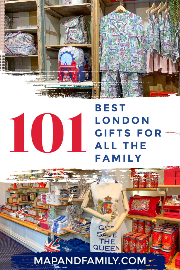 Images of gift shop interiors with overlay text reading 101 best London gifts for all the family, for use as Pinterest image. Copyright ©2019 mapandfamily.com