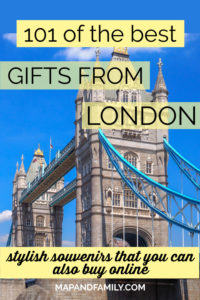 Image of Tower Bridge London and blue sky with text overlay: 101 of the best gifts from London. Stylish souvenirs that you can also buy online. Copyright ©2019 mapandfamily.com