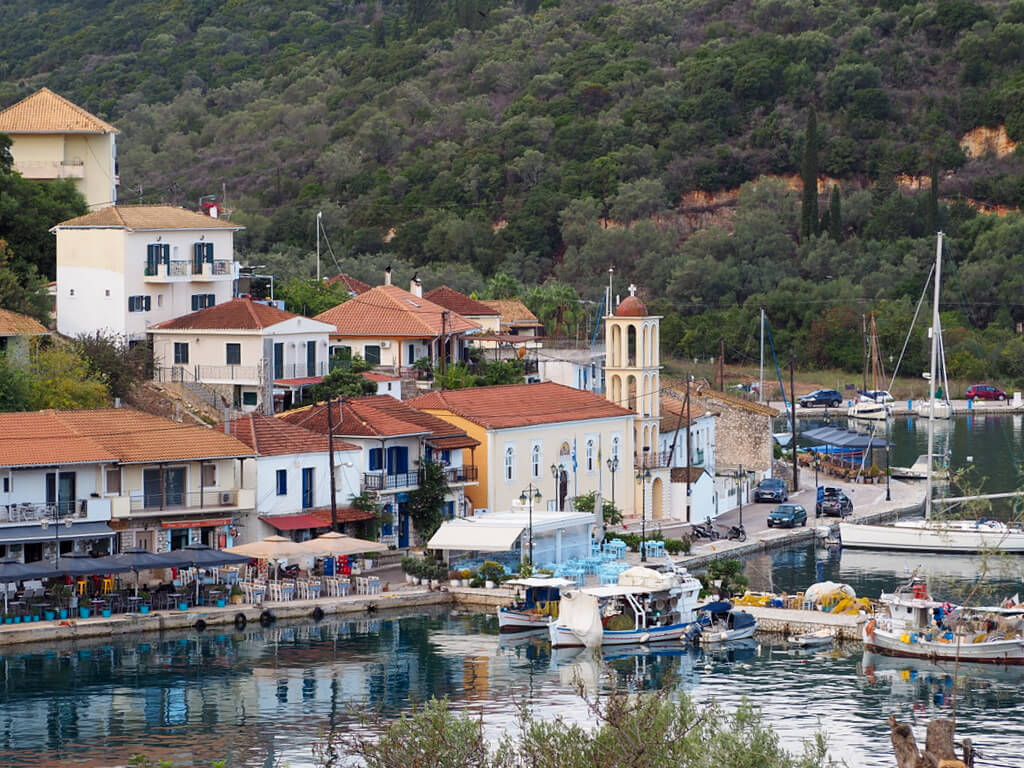 View of village of Vathy on Meganisi island. Copyright@ 2022 mapandfamily.com