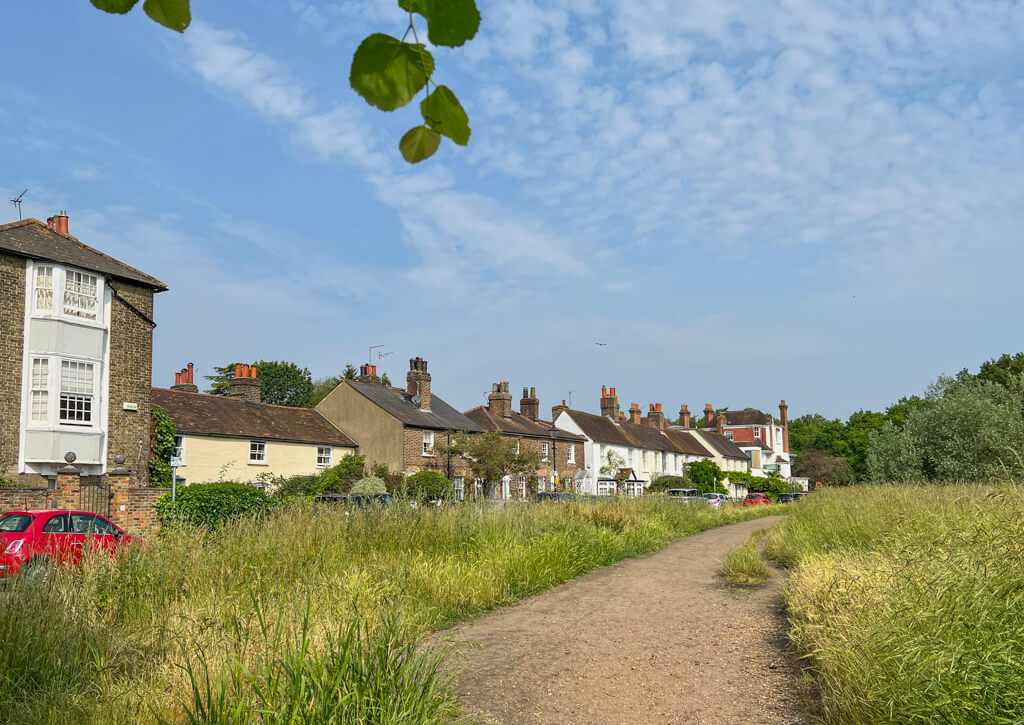 A row of period houses and cottages beside a road alongside the edge of common land Copyright@2023mapandfamily.com