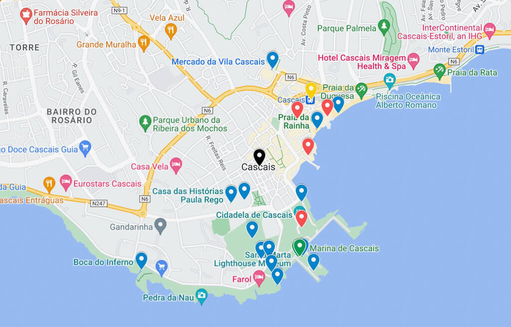 Map showing the best things to do in Cascais. Copyright@ 2023 mapandfamily.com 