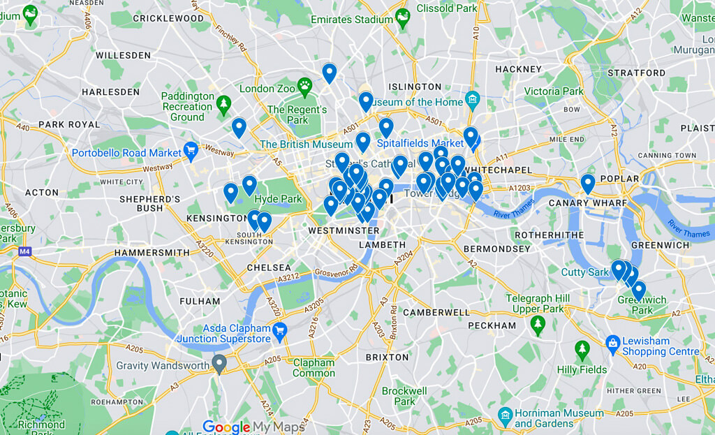 Map showing key historical places in London. Copyright@2023mapandfamily.com 