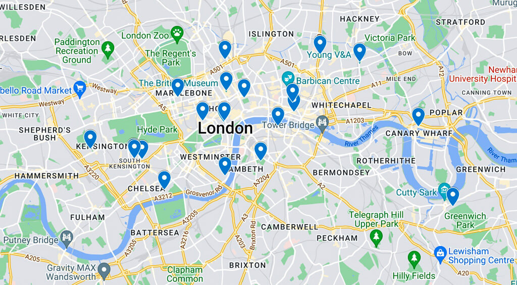 Map of the Free Museums in London. Copyright@2023 mapandfamily.com
