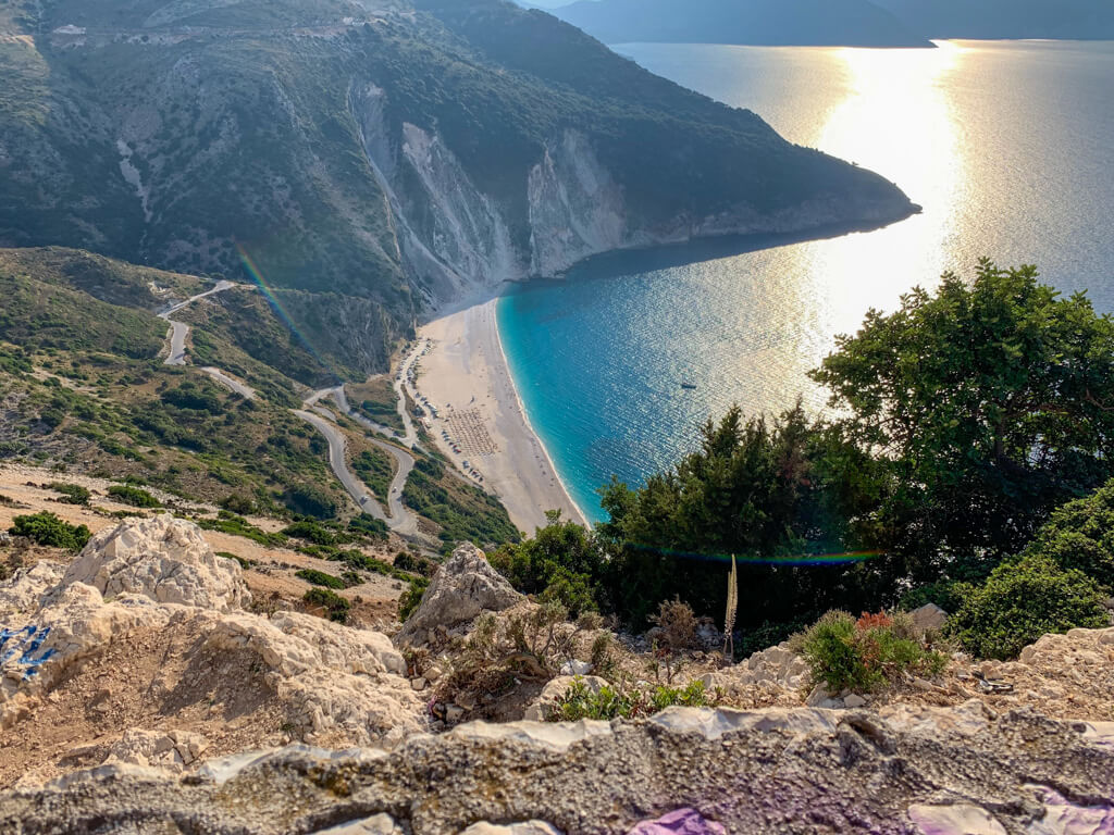 Fiskardo Kefalonia: view of Myrtos beach from the clifftop coast road to Fiskardo. Copyright@2023 mapandfamily.com