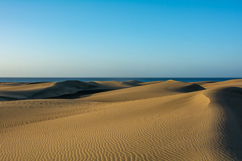 Golden sand dunes casting dark shadows on coastline of Gran Canaria. 