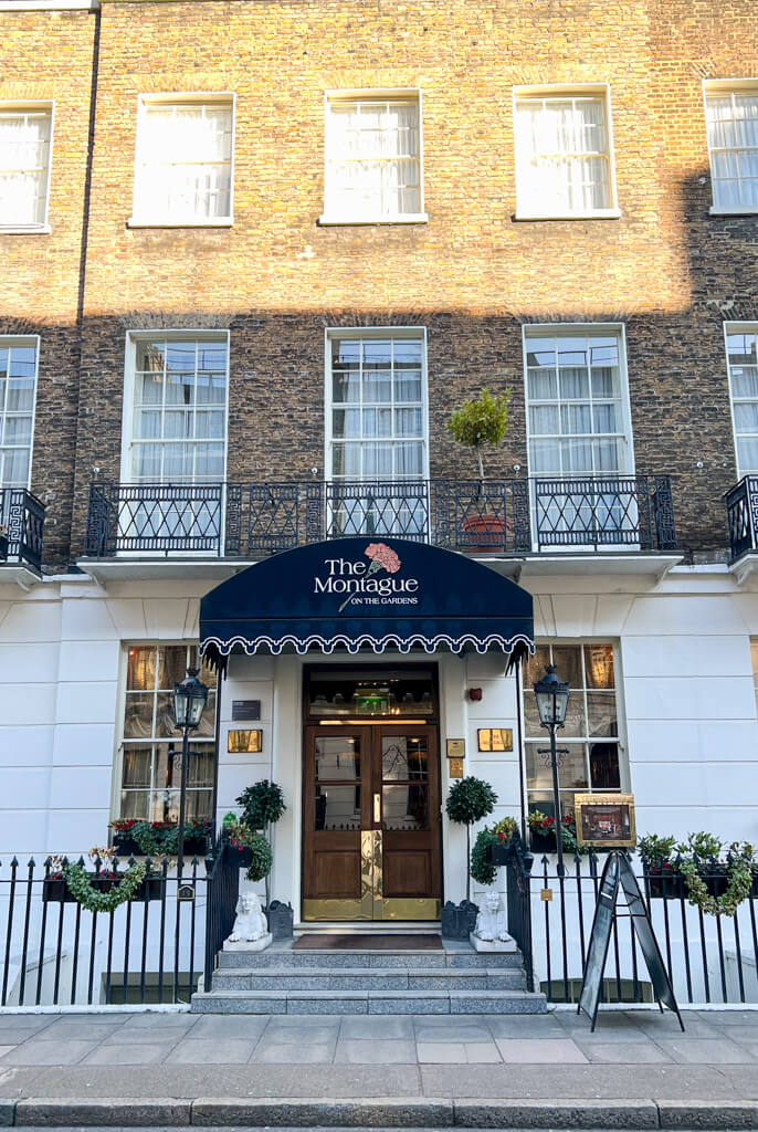 Exterior of Montague on the Gardens hotel near Russell Square Bloomsbury. Copyright@2024 mapandfamily.com 