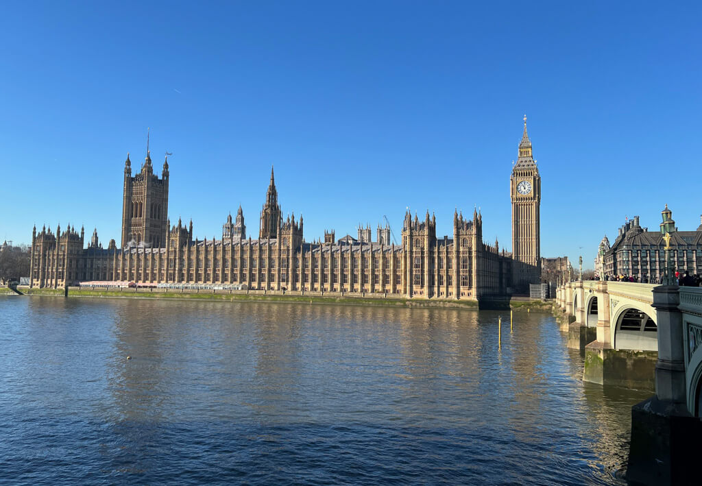 The heart of government in Central London is in Westminster. Photo shows Houses of Parliament and Big Ben. Copyright 2024@mapandfamily.com 