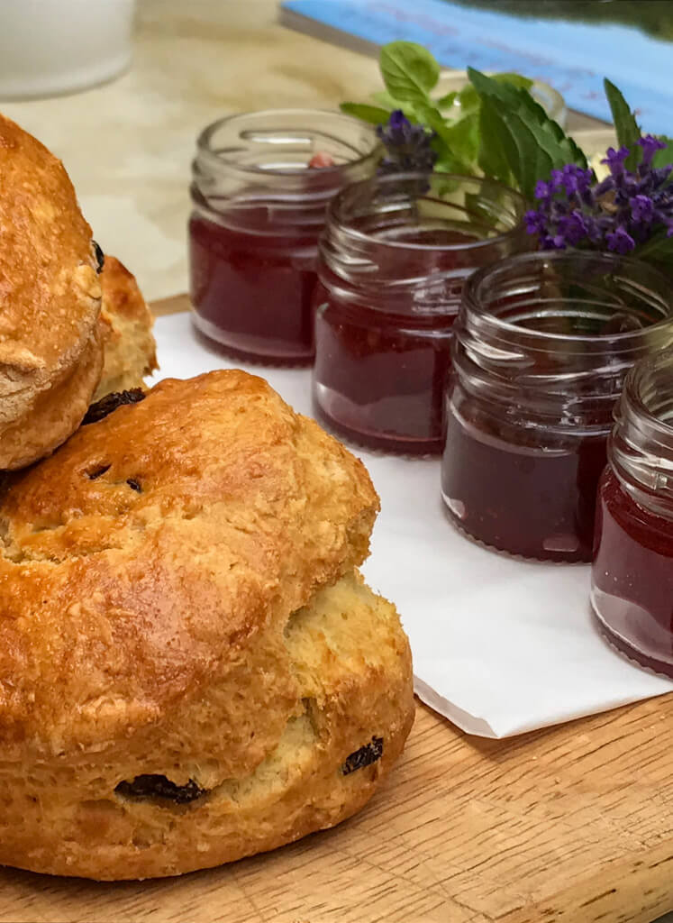 Hand baked scones with little pots of jam. Copyright@2024 Nancy Roberts