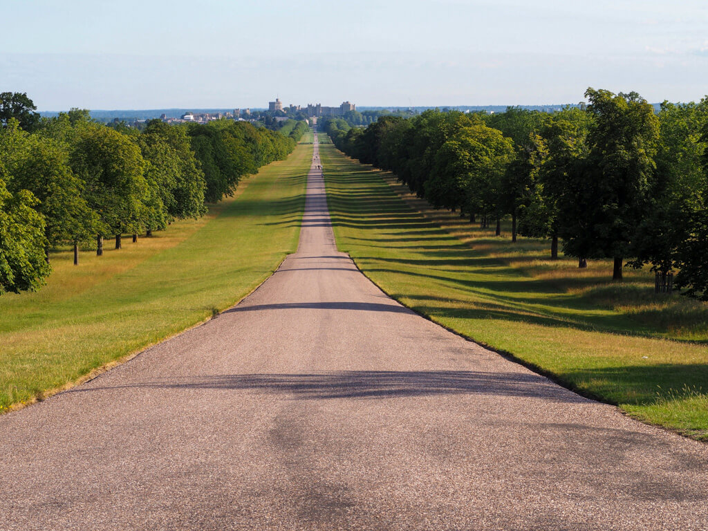 A view down the long straight path through a park to Windsor Castle. Copyright@2025NancyRoberts