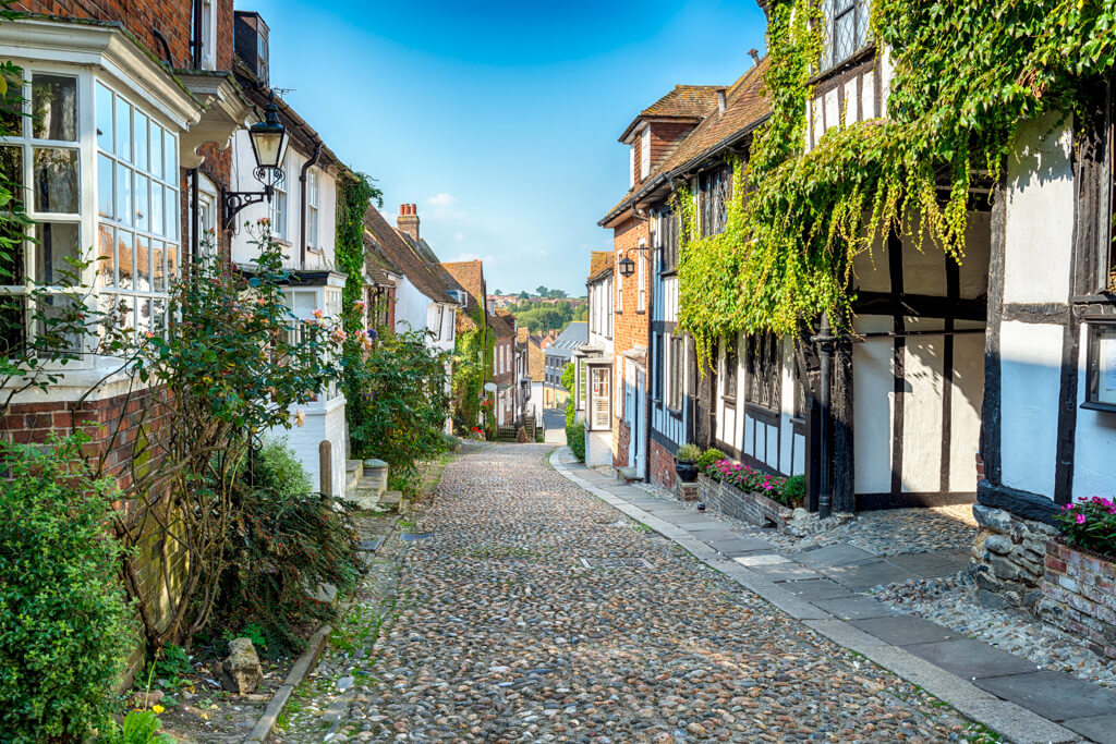 Rye is one of the prettiest towns near London. This steep cobbled street has ancient black and white half timbered houses, with lanterns outside.  