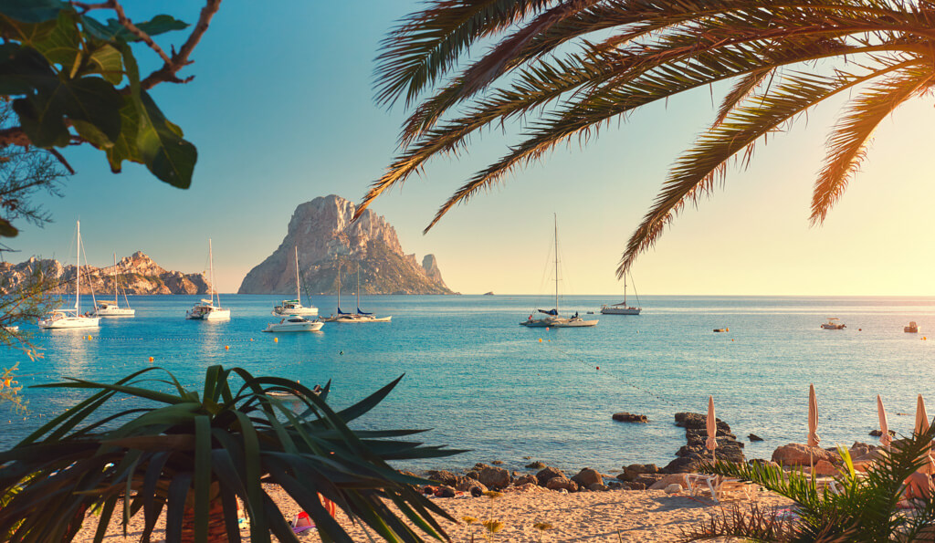 Beach on Ibiza with yachts at anchor, an islet in the distance and palm fronds in the foreground. 