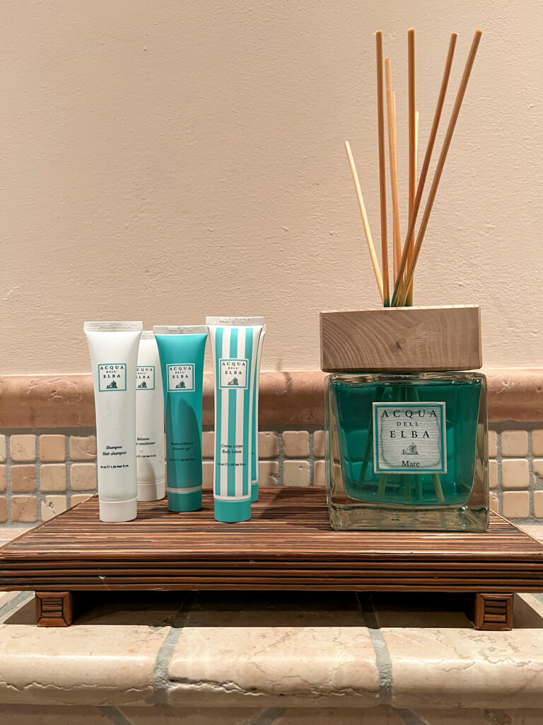 Toiletries in turquoise and white packaging in bathroom. Copyright@2024 NancyRoberts 