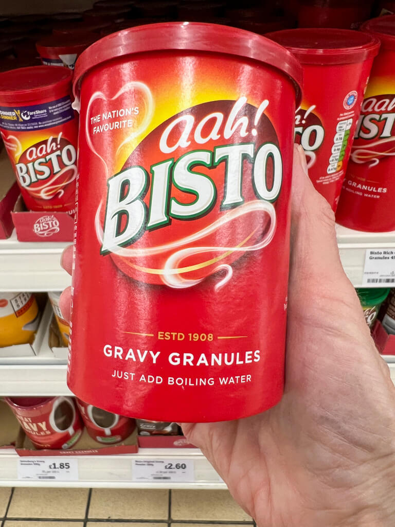 A tin of Bisto gravy granules in a London supermarket. Copyright@2024NancyRoberts