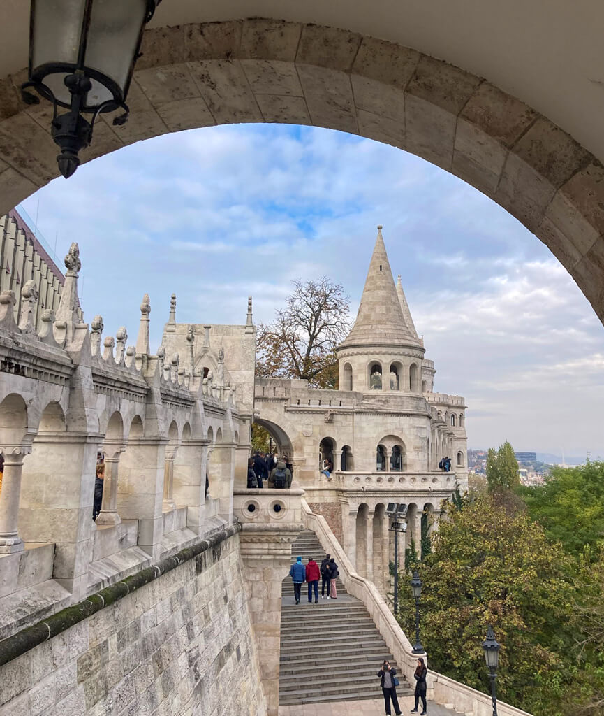 Elaborate grey stone stairways and turrets at Fisherman's Bastion. Copyright@2025reservedto phtographer via Mapandfamily.com