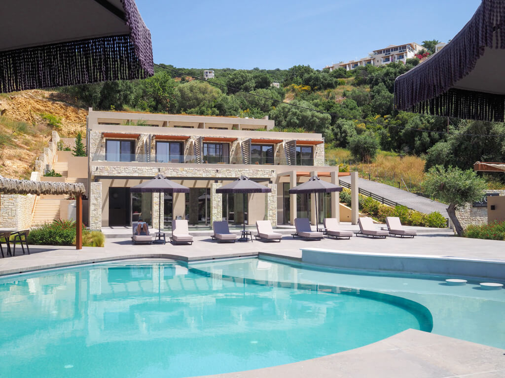 Arete Lifestyle hotel, Sivota, Greece showing the suites overlooking the pool and terrace. Copyright@2025 NancyRoberts