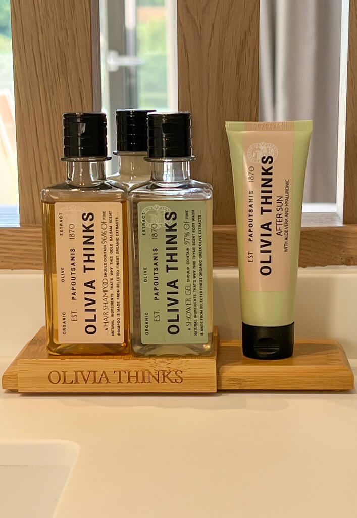 Olivia Thinks toiletries in the suite. Copyright@2025 NancyRoberts
