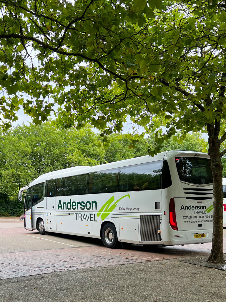 The coach used on this day trip to Canterbury and Dover from London, parked in the leafy coach park at Canterbury. Copyright@2025 Nancy Roberts